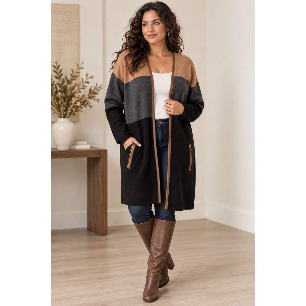 Charter Club Colorblock Cotton Cardigan Sweater Faux Leather Trim Open Front 2X
